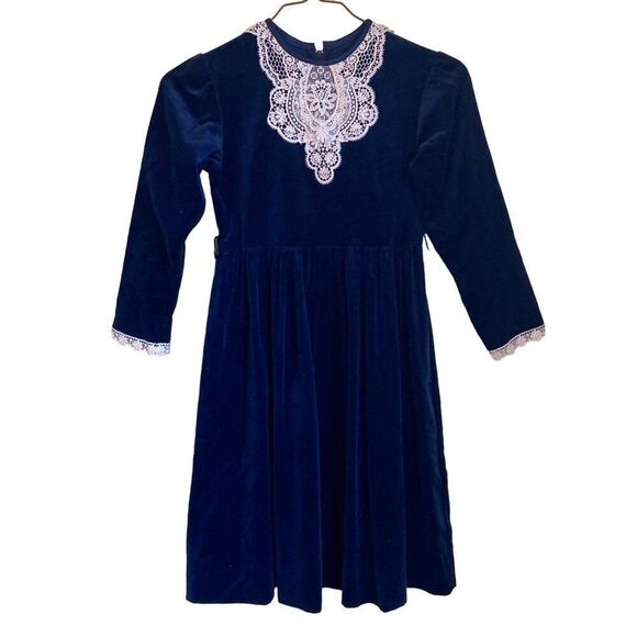 VTG Sylvia Whyte Girls Holiday Dress Blue Velvet Embroidered Collar 10 - Picture 1 of 5